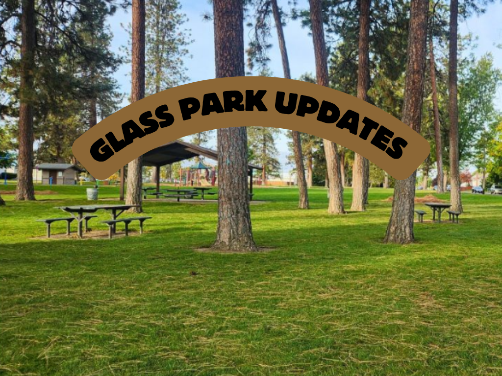 Image: Photo of Glass Park with trees and benches. Title says: "Glass Park Updates" 