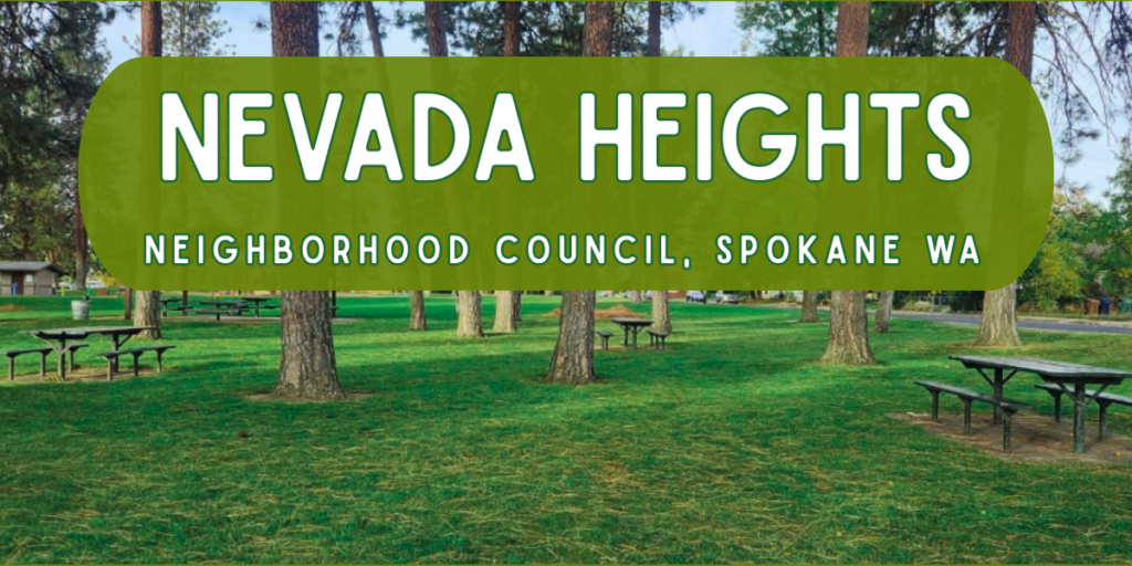 Image: A photo of trees and picnic benches in Glass Park with text: Nevada Heights Neighborhood Council, Spokane WA