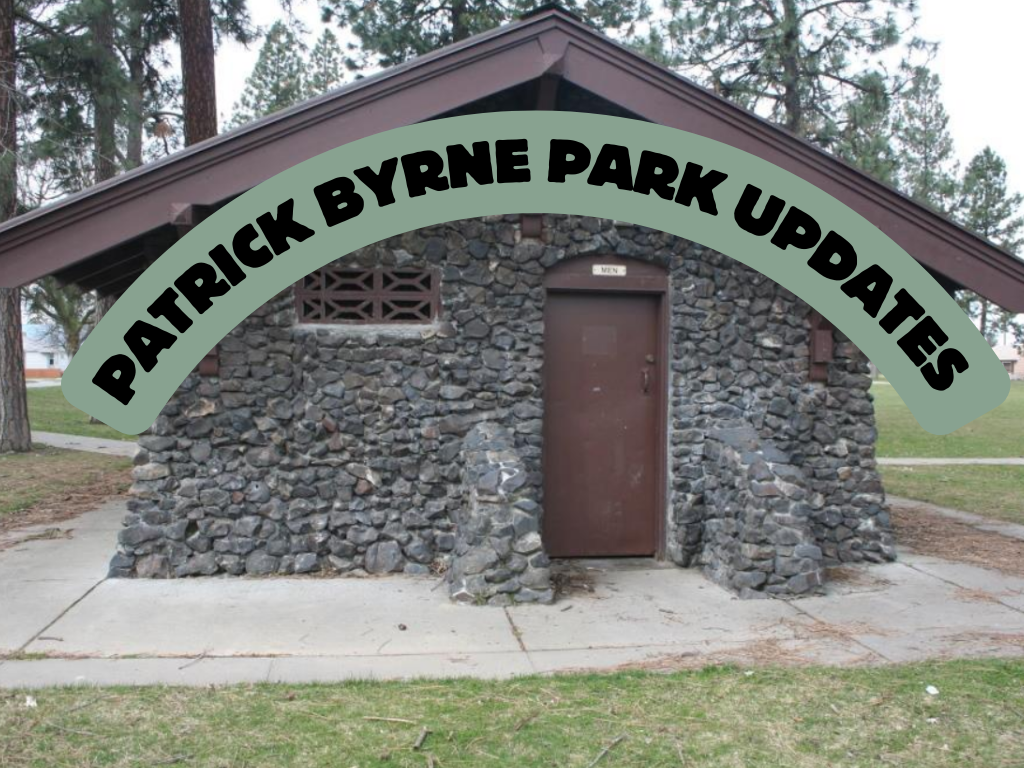Image: Photo of Patrick Byrne Park with trees and a basalt stone bathroom. Title says: "Patrick Byrne Park Updates" 