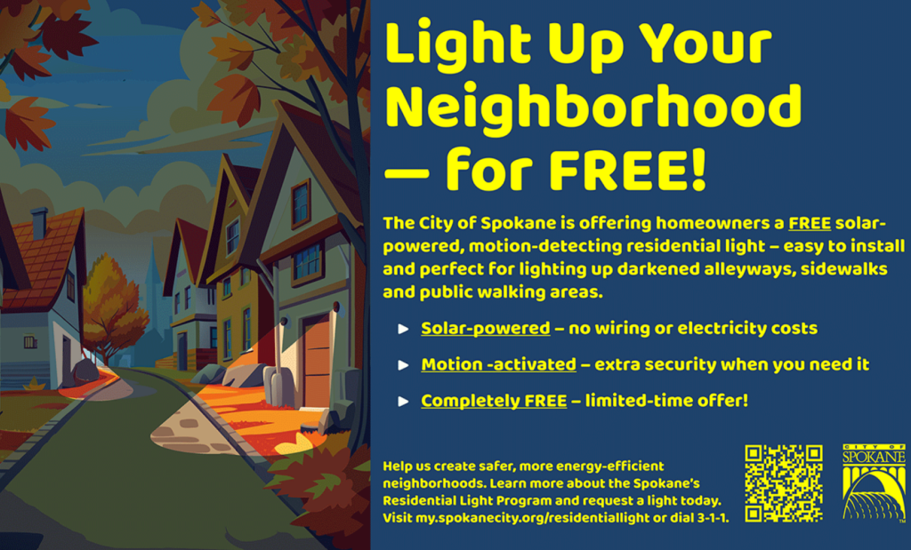 Image: A flyer about how to apply for a free solar powered residential light showing a home lined street with lights illuminating darkened areas. 